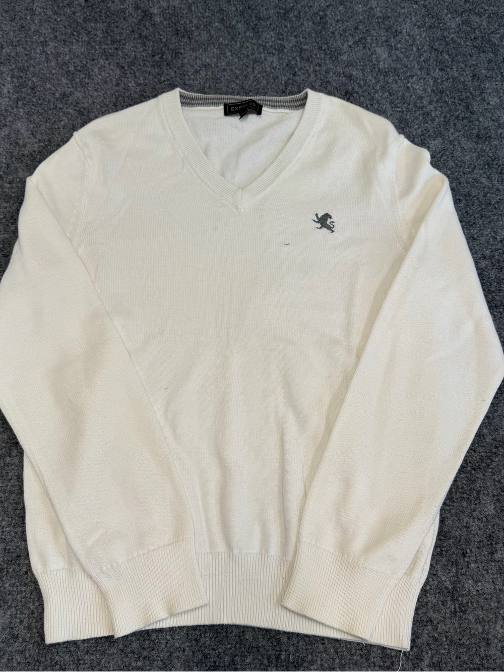 Express Men's White V-Neck Sweater with Small Lion Crest